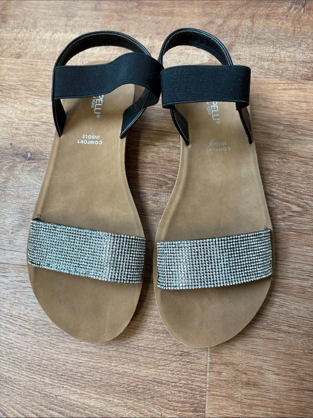 Capelli New York Black and Tan Rhinestone Strap Sandals Size 9